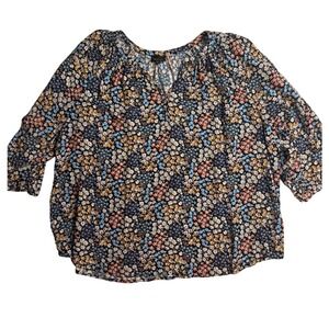 JONES & CO NEW YORK Womens 2X Black Floral Print V Neck 3/4 Sleeve Top Blouse